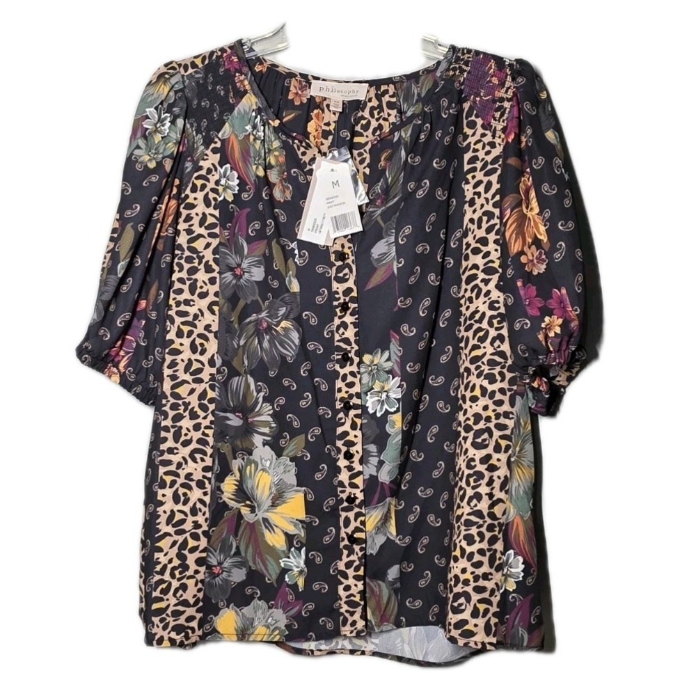NWT Philosophy Women's Size Medium Floral Print Short Sleeve Blouse‎